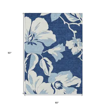 5' X 8' Navy Blue Denim Blue And Ivory Floral Washable Indoor Outdoor Area Rug