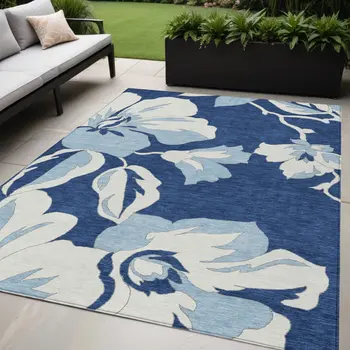 5' X 8' Navy Blue Denim Blue And Ivory Floral Washable Indoor Outdoor Area Rug
