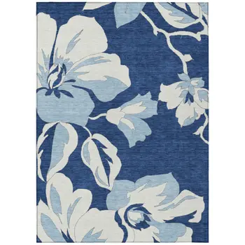 5' X 8' Navy Blue Denim Blue And Ivory Floral Washable Indoor Outdoor Area Rug