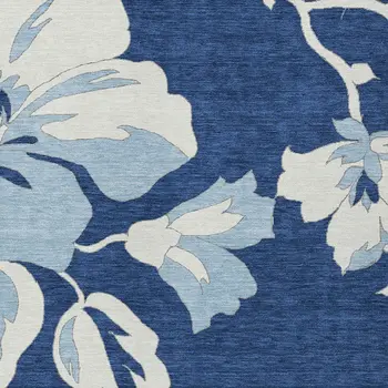 5' X 8' Navy Blue Denim Blue And Ivory Floral Washable Indoor Outdoor Area Rug