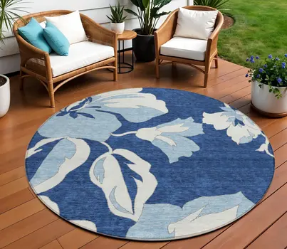 8' Navy Blue Denim Blue And Ivory Round Floral Washable Indoor Outdoor Area Rug