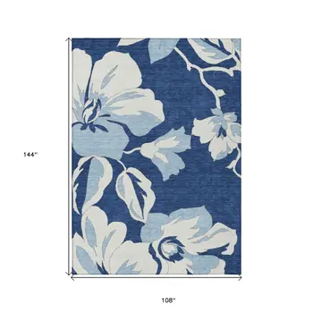 9' X 12' Navy Blue Denim Blue And Ivory Floral Washable Indoor Outdoor Area Rug