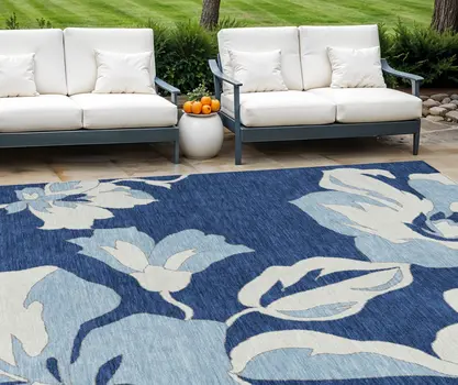 10' X 14' Navy Blue Denim Blue And Ivory Floral Washable Indoor Outdoor Area Rug