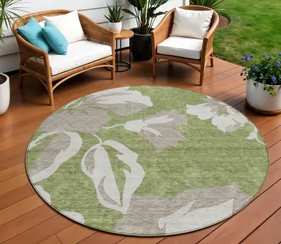 8' Olive Green Taupe And Beige Round Floral Washable Indoor Outdoor Area Rug
