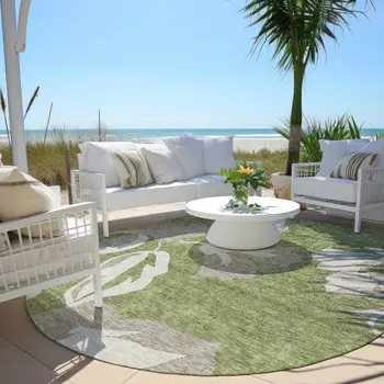 8' Olive Green Taupe And Beige Round Floral Washable Indoor Outdoor Area Rug