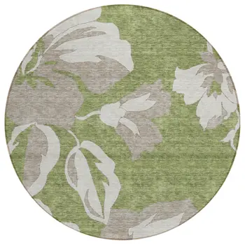 8' Olive Green Taupe And Beige Round Floral Washable Indoor Outdoor Area Rug