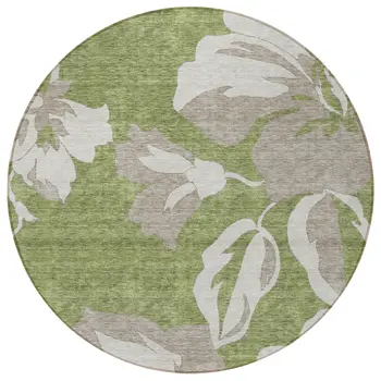 8' Olive Green Taupe And Beige Round Floral Washable Indoor Outdoor Area Rug