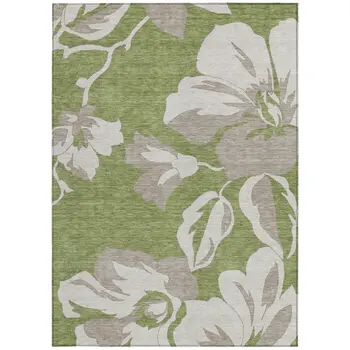9' X 12' Olive Green Taupe And Beige Floral Washable Indoor Outdoor Area Rug