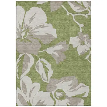 9' X 12' Olive Green Taupe And Beige Floral Washable Indoor Outdoor Area Rug