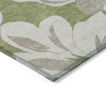 9' X 12' Olive Green Taupe And Beige Floral Washable Indoor Outdoor Area Rug