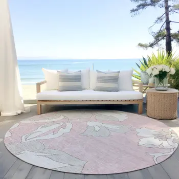 8' Pink Ivory And Beige Round Floral Washable Indoor Outdoor Area Rug
