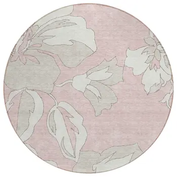 8' Pink Ivory And Beige Round Floral Washable Indoor Outdoor Area Rug