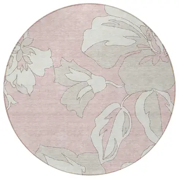 8' Pink Ivory And Beige Round Floral Washable Indoor Outdoor Area Rug