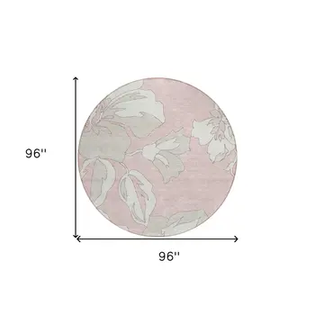 8' Pink Ivory And Beige Round Floral Washable Indoor Outdoor Area Rug