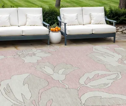 8' X 10' Pink Ivory And Beige Floral Washable Indoor Outdoor Area Rug