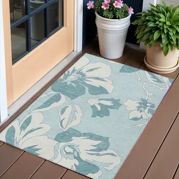 3' X 5' Teal Blue Aqua And Ivory Floral Washable Indoor Outdoor Area Rug