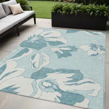5' X 8' Teal Blue Aqua And Ivory Floral Washable Indoor Outdoor Area Rug