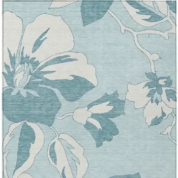 5' X 8' Teal Blue Aqua And Ivory Floral Washable Indoor Outdoor Area Rug
