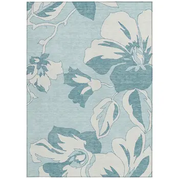 8' X 10' Teal Blue Aqua And Ivory Floral Washable Indoor Outdoor Area Rug