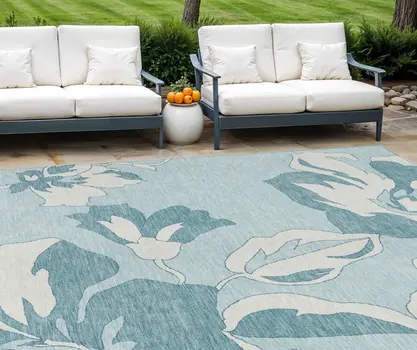 9' X 12' Teal Blue Aqua And Ivory Floral Washable Indoor Outdoor Area Rug