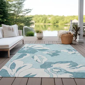 10' X 14' Teal Blue Aqua And Ivory Floral Washable Indoor Outdoor Area Rug