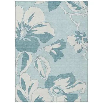 10' X 14' Teal Blue Aqua And Ivory Floral Washable Indoor Outdoor Area Rug