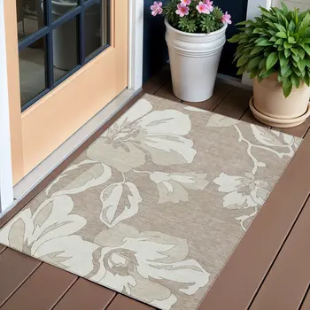 3' X 5' Taupe Beige And Ivory Floral Washable Indoor Outdoor Area Rug