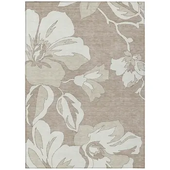 3' X 5' Taupe Beige And Ivory Floral Washable Indoor Outdoor Area Rug