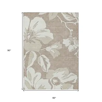 5' X 8' Taupe Beige And Ivory Floral Washable Indoor Outdoor Area Rug