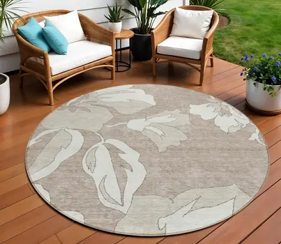 8' Taupe Beige And Ivory Round Floral Washable Indoor Outdoor Area Rug