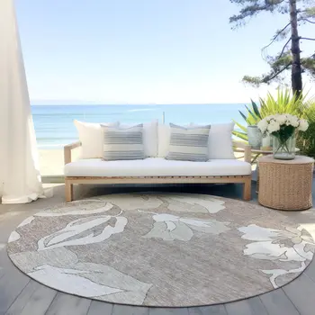 8' Taupe Beige And Ivory Round Floral Washable Indoor Outdoor Area Rug