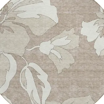 8' Taupe Beige And Ivory Round Floral Washable Indoor Outdoor Area Rug