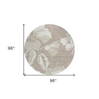 8' Taupe Beige And Ivory Round Floral Washable Indoor Outdoor Area Rug