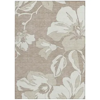 8' X 10' Taupe Beige And Ivory Floral Washable Indoor Outdoor Area Rug