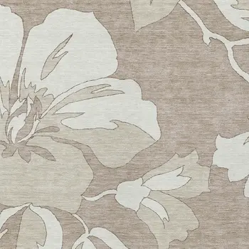 9' X 12' Taupe Beige And Ivory Floral Washable Indoor Outdoor Area Rug