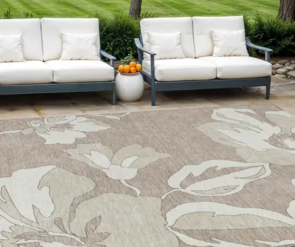 10' X 14' Taupe Beige And Ivory Floral Washable Indoor Outdoor Area Rug