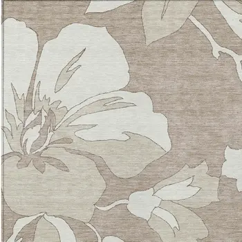10' X 14' Taupe Beige And Ivory Floral Washable Indoor Outdoor Area Rug