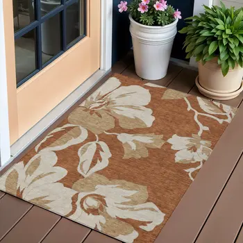 3' X 5' Terra Cotta And Beige Floral Washable Indoor Outdoor Area Rug