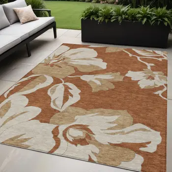 5' X 8' Terra Cotta And Beige Floral Washable Indoor Outdoor Area Rug