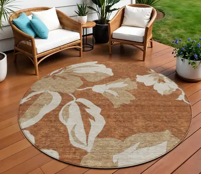 8' Terra Cotta And Beige Round Floral Washable Indoor Outdoor Area Rug