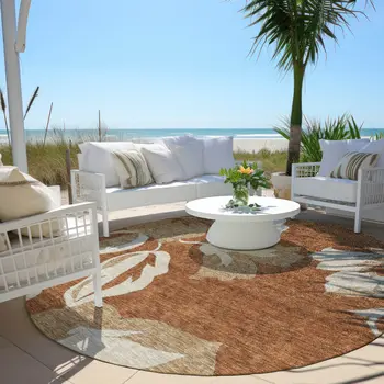 8' Terra Cotta And Beige Round Floral Washable Indoor Outdoor Area Rug