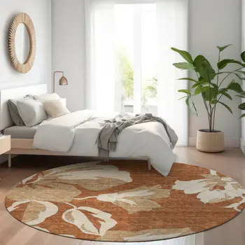 8' Terra Cotta And Beige Round Floral Washable Indoor Outdoor Area Rug
