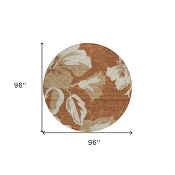 8' Terra Cotta And Beige Round Floral Washable Indoor Outdoor Area Rug