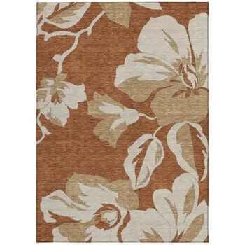 9' X 12' Terra Cotta And Beige Floral Washable Indoor Outdoor Area Rug