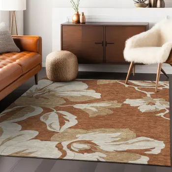 9' X 12' Terra Cotta And Beige Floral Washable Indoor Outdoor Area Rug