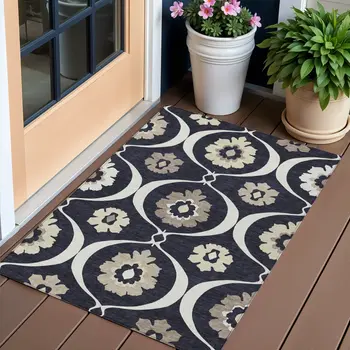 3' X 5' Black Ivory And Taupe Medallion Washable Indoor Outdoor Area Rug