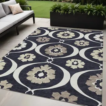 5' X 8' Black Ivory And Taupe Medallion Washable Indoor Outdoor Area Rug