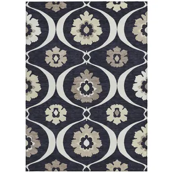 5' X 8' Black Ivory And Taupe Medallion Washable Indoor Outdoor Area Rug