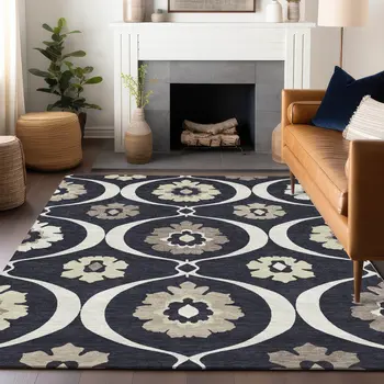 5' X 8' Black Ivory And Taupe Medallion Washable Indoor Outdoor Area Rug