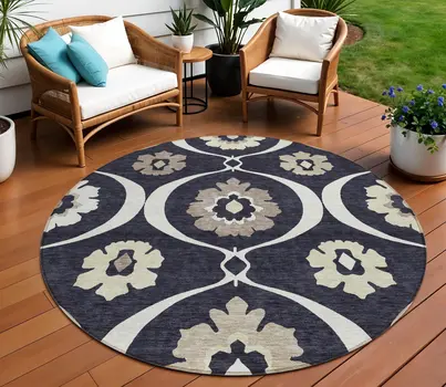 8' Black Ivory And Taupe Round Medallion Washable Indoor Outdoor Area Rug